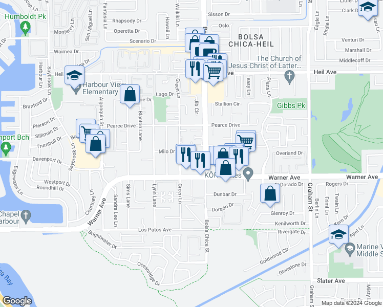 map of restaurants, bars, coffee shops, grocery stores, and more near 4931 Charlene Circle in Huntington Beach