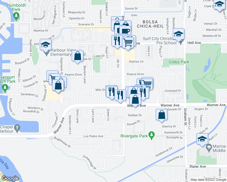 map of restaurants, bars, coffee shops, grocery stores, and more near 4931 Charlene Circle in Huntington Beach