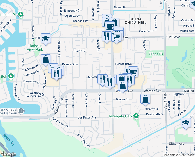 map of restaurants, bars, coffee shops, grocery stores, and more near 16861 Green Lane in Huntington Beach