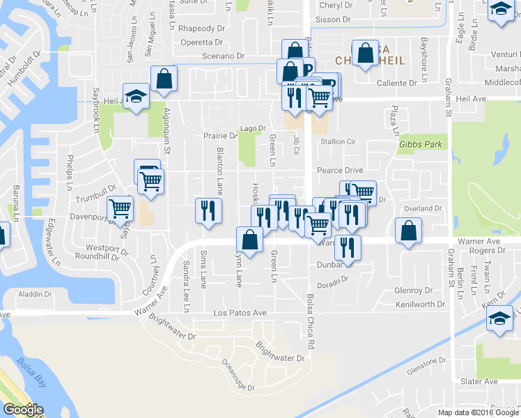 map of restaurants, bars, coffee shops, grocery stores, and more near 16861 Green Lane in Huntington Beach