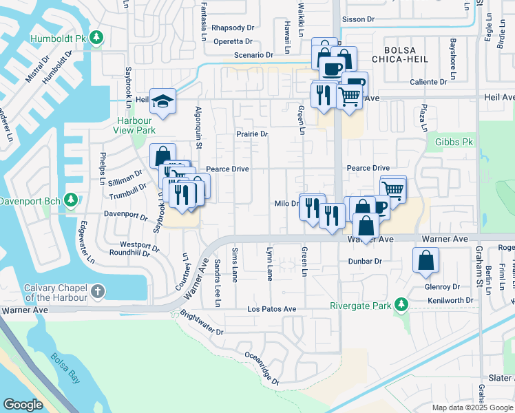 map of restaurants, bars, coffee shops, grocery stores, and more near 4682 Milo Drive in Huntington Beach
