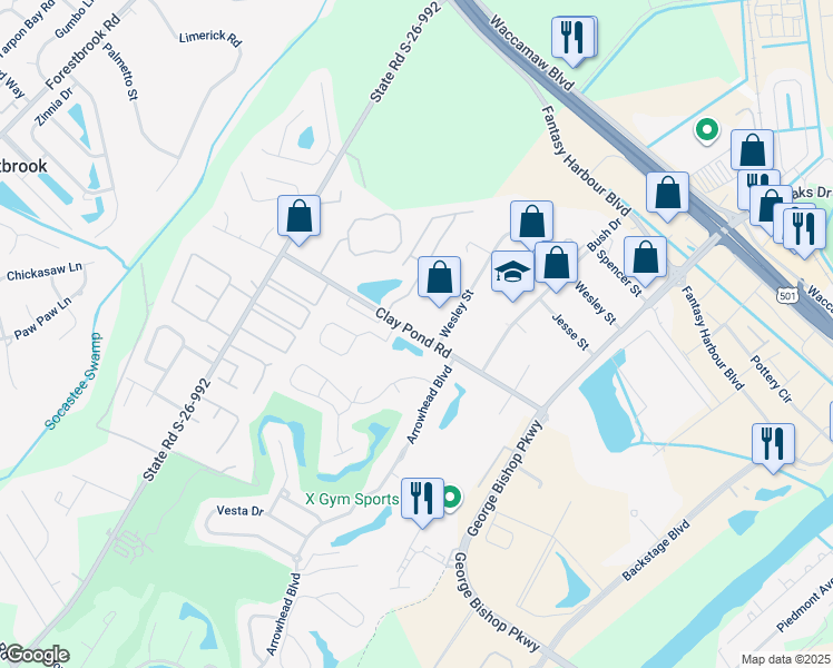 map of restaurants, bars, coffee shops, grocery stores, and more near 1269 Burcale Road in Myrtle Beach
