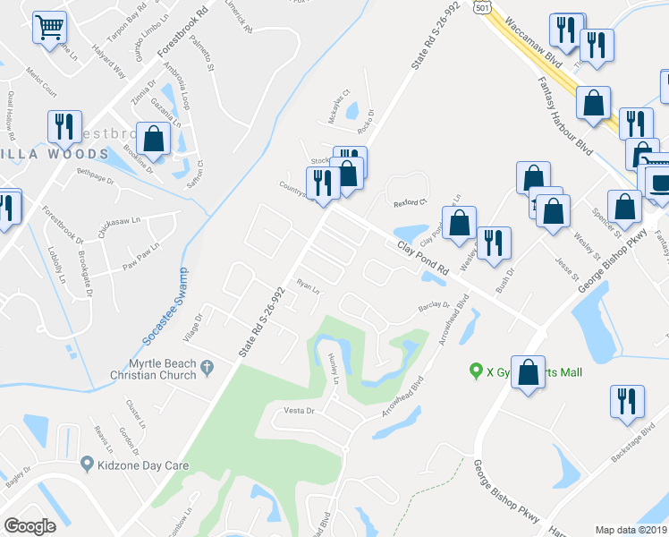 map of restaurants, bars, coffee shops, grocery stores, and more near 755 Burcale Road in Myrtle Beach