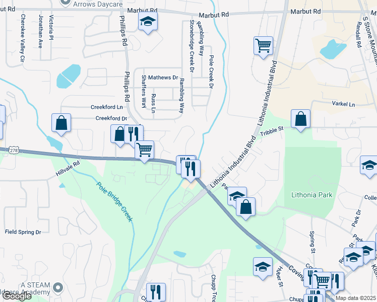 map of restaurants, bars, coffee shops, grocery stores, and more near 6550 Wellington Chase Court in Lithonia
