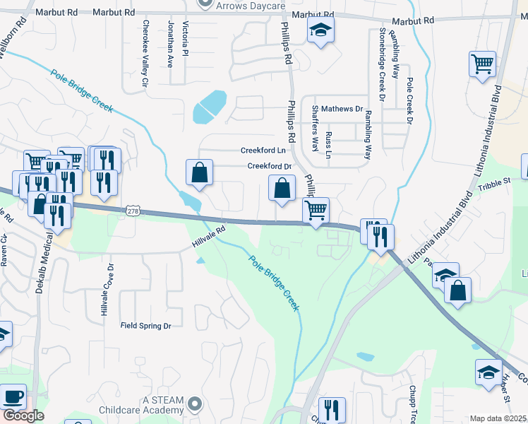 map of restaurants, bars, coffee shops, grocery stores, and more near 2393 Cragstone Court in Lithonia