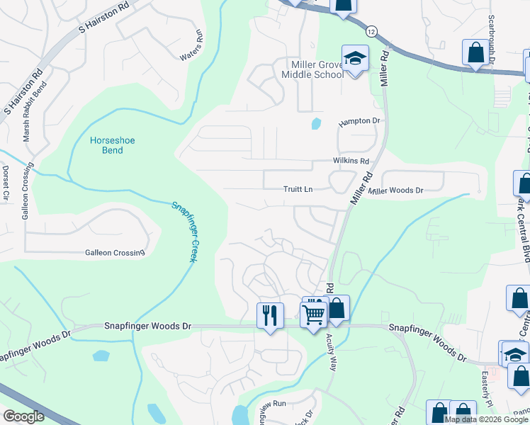 map of restaurants, bars, coffee shops, grocery stores, and more near 4903 Windsor Downs Drive in Decatur