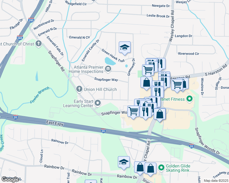 map of restaurants, bars, coffee shops, grocery stores, and more near 2422 Tiffany Circle in Decatur