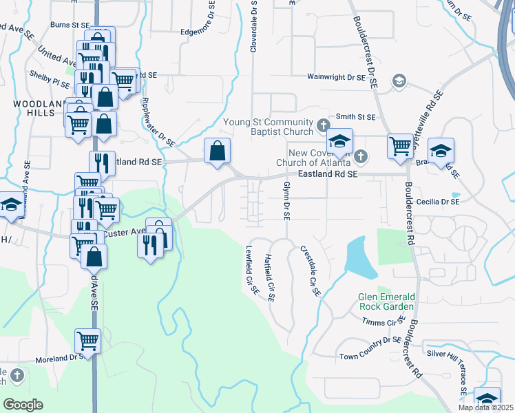 map of restaurants, bars, coffee shops, grocery stores, and more near 1425 Olden Lane in Atlanta