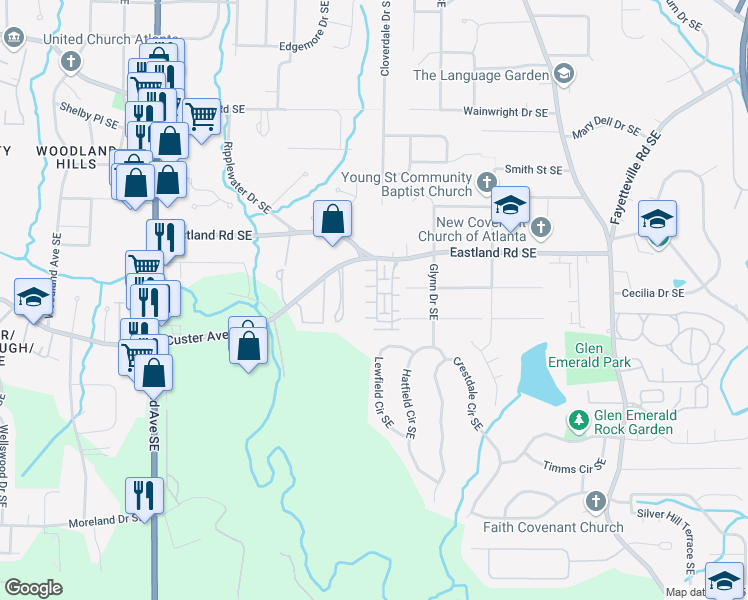 map of restaurants, bars, coffee shops, grocery stores, and more near 1415 Eastland Road Southeast in Atlanta