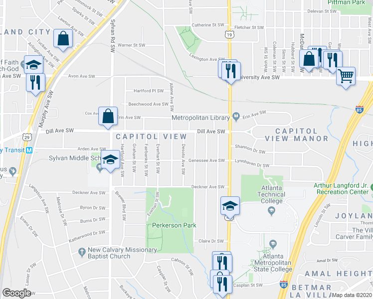 map of restaurants, bars, coffee shops, grocery stores, and more near 1385 Beatie Avenue Southwest in Atlanta