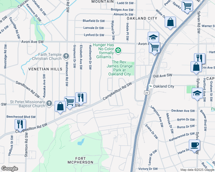 map of restaurants, bars, coffee shops, grocery stores, and more near 1393 Byrere Terrace Southwest in Atlanta