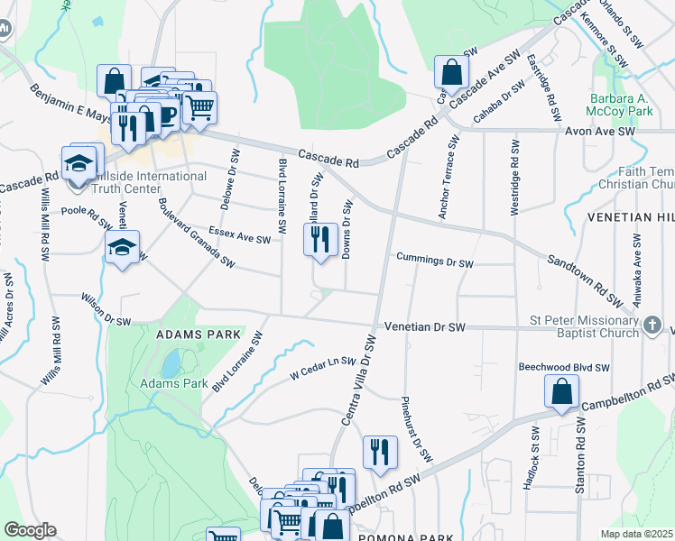 map of restaurants, bars, coffee shops, grocery stores, and more near 1421 Downs Drive Southwest in Atlanta
