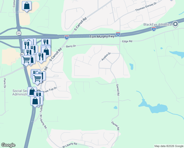 map of restaurants, bars, coffee shops, grocery stores, and more near 655 Amberwood Drive in Villa Rica