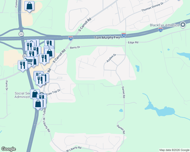 map of restaurants, bars, coffee shops, grocery stores, and more near 655 Amberwood Drive in Villa Rica