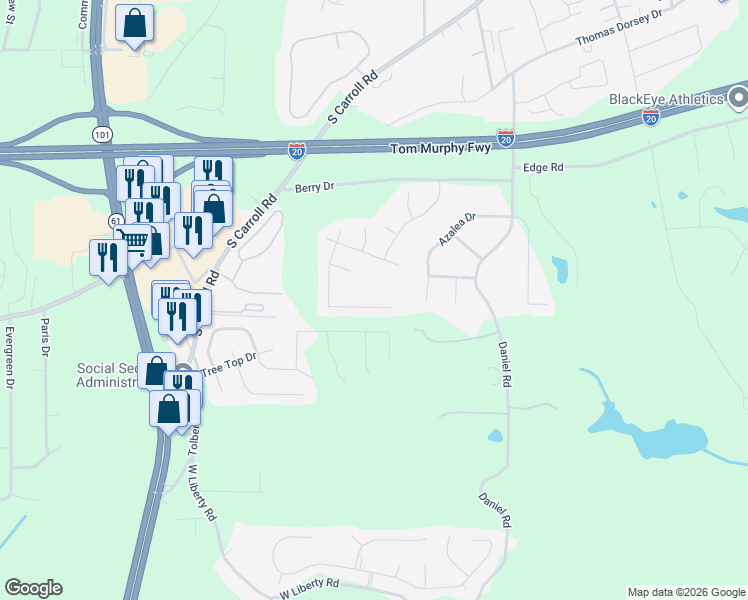 map of restaurants, bars, coffee shops, grocery stores, and more near 649 Amberwood Drive in Villa Rica