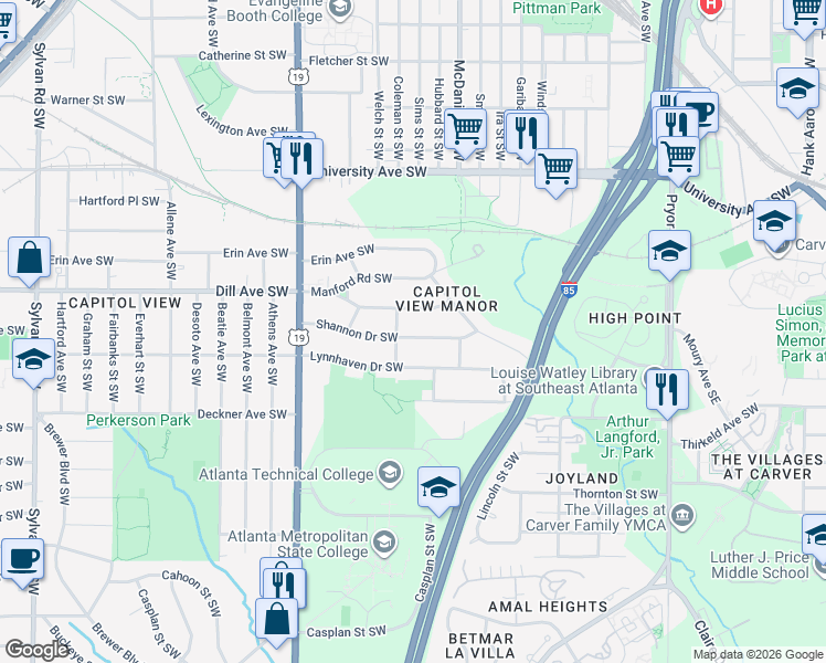 map of restaurants, bars, coffee shops, grocery stores, and more near 479 Shannon Drive Southwest in Atlanta