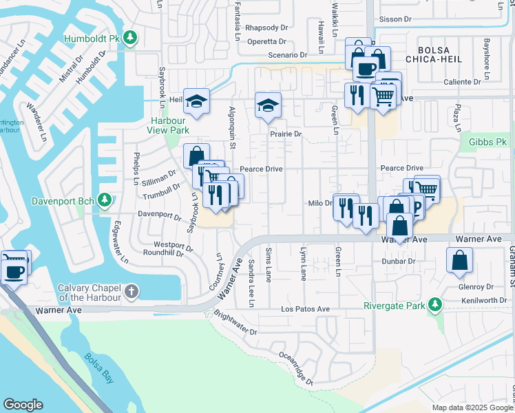 map of restaurants, bars, coffee shops, grocery stores, and more near 4591 Warner Avenue in Huntington Beach