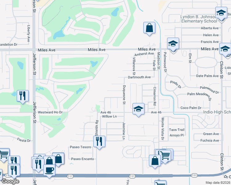 map of restaurants, bars, coffee shops, grocery stores, and more near 80635 Harvard Court in Indio