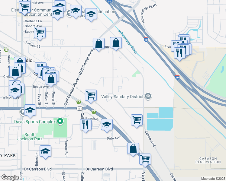 map of restaurants, bars, coffee shops, grocery stores, and more near Commerce Street in Indio