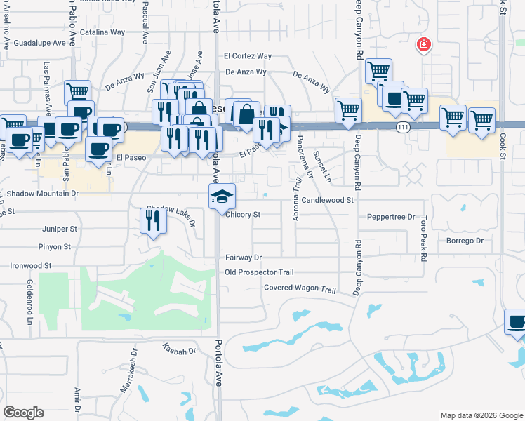 map of restaurants, bars, coffee shops, grocery stores, and more near 74126 Chicory Street in Palm Desert