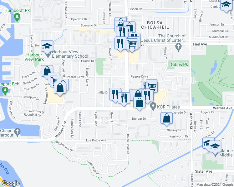 map of restaurants, bars, coffee shops, grocery stores, and more near 4921 Charlene Circle in Huntington Beach
