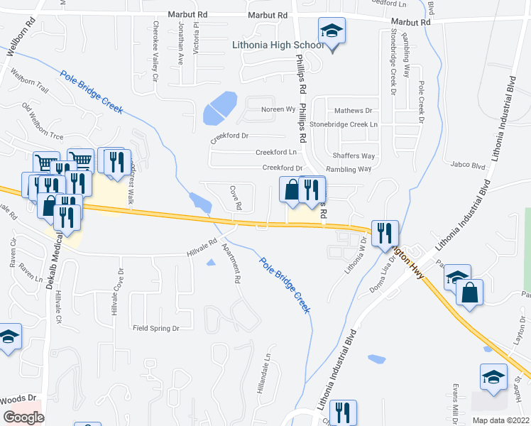 map of restaurants, bars, coffee shops, grocery stores, and more near 2393 Cragstone Court in Lithonia