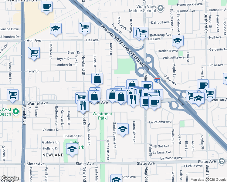 map of restaurants, bars, coffee shops, grocery stores, and more near 16882 Ross Lane in Huntington Beach