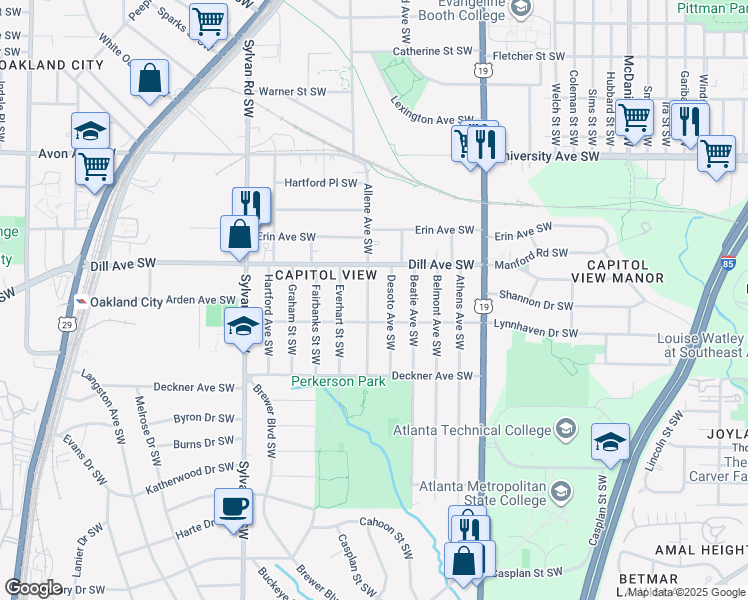 map of restaurants, bars, coffee shops, grocery stores, and more near 1392 Allene Avenue Southwest in Atlanta