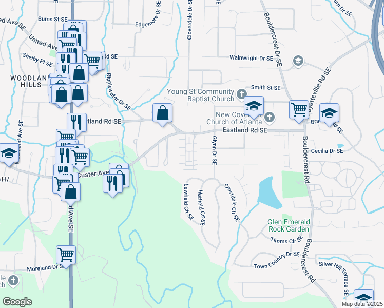 map of restaurants, bars, coffee shops, grocery stores, and more near 1425 Olden Lane in Atlanta