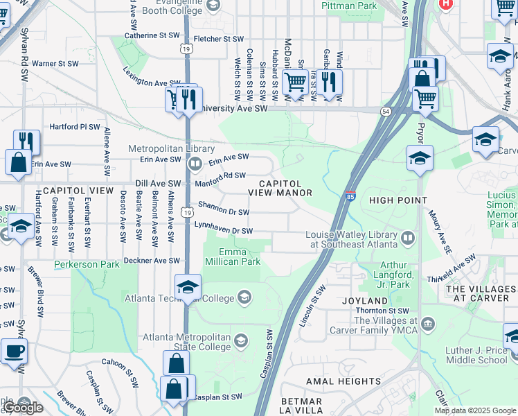 map of restaurants, bars, coffee shops, grocery stores, and more near 479 Shannon Drive Southwest in Atlanta