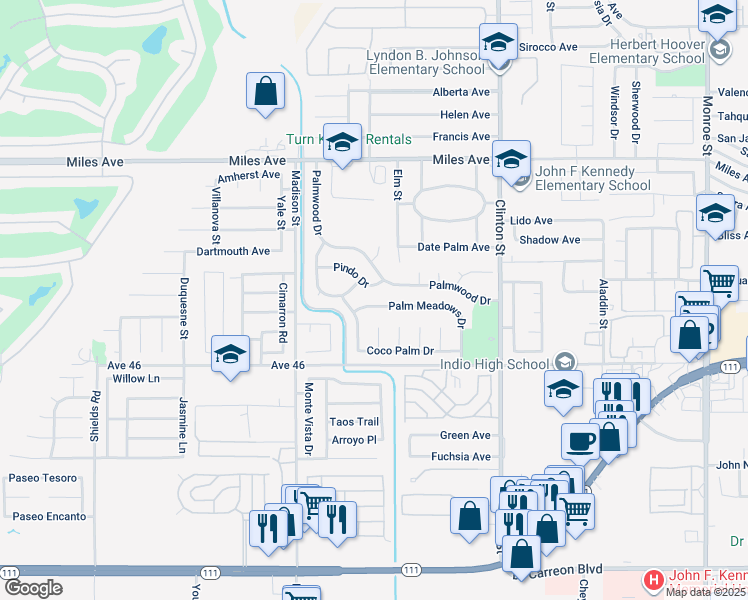 map of restaurants, bars, coffee shops, grocery stores, and more near 81144 Palm Meadows Drive in Indio
