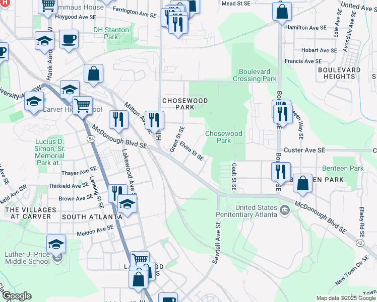 map of restaurants, bars, coffee shops, grocery stores, and more near 1375 Miller Reed Avenue Southeast in Atlanta