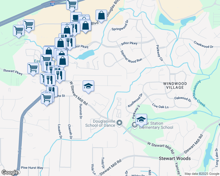 map of restaurants, bars, coffee shops, grocery stores, and more near 5555 Richland Drive in Douglasville