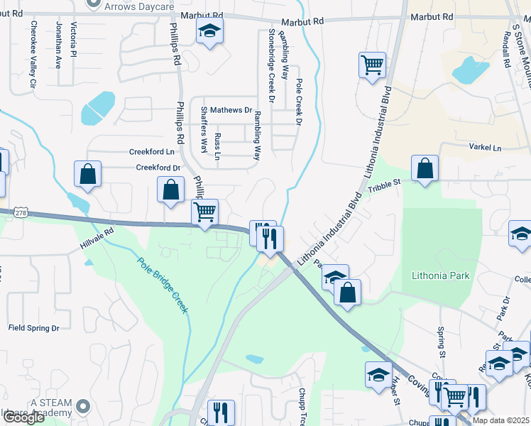 map of restaurants, bars, coffee shops, grocery stores, and more near 6550 Wellington Chase Court in Lithonia