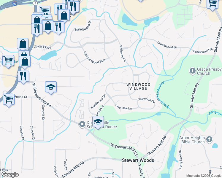 map of restaurants, bars, coffee shops, grocery stores, and more near 6741 Valley Court in Douglasville