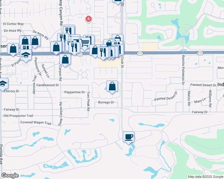 map of restaurants, bars, coffee shops, grocery stores, and more near 74933 Vía Lago in Indian Wells