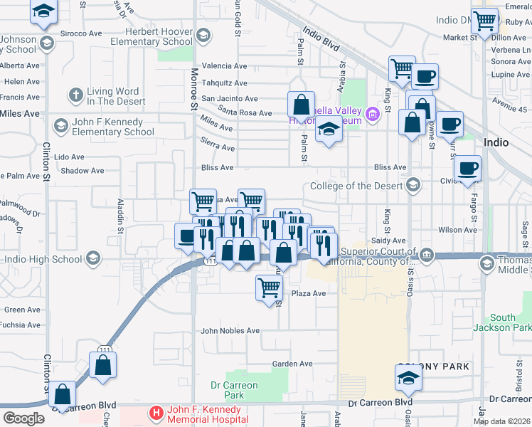 map of restaurants, bars, coffee shops, grocery stores, and more near Rubidoux Street in Indio