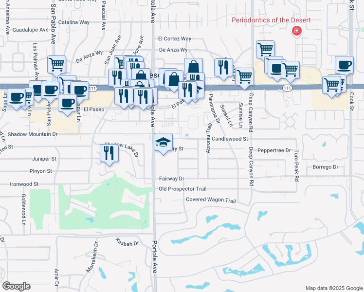 map of restaurants, bars, coffee shops, grocery stores, and more near 74130 Chicory Street in Palm Desert
