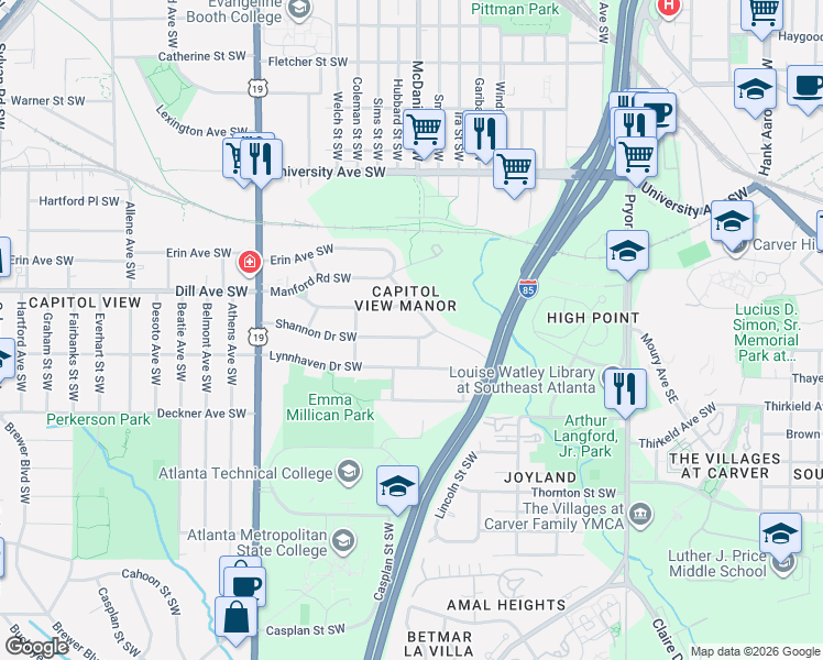 map of restaurants, bars, coffee shops, grocery stores, and more near 435 Shannon Dr SW in Atlanta