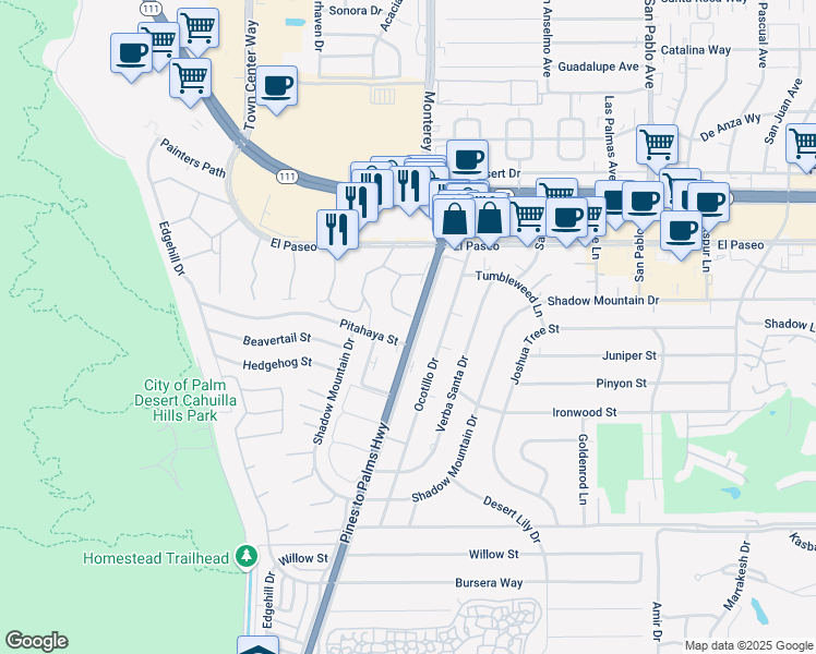 map of restaurants, bars, coffee shops, grocery stores, and more near 381 Sandpiper Street in Palm Desert