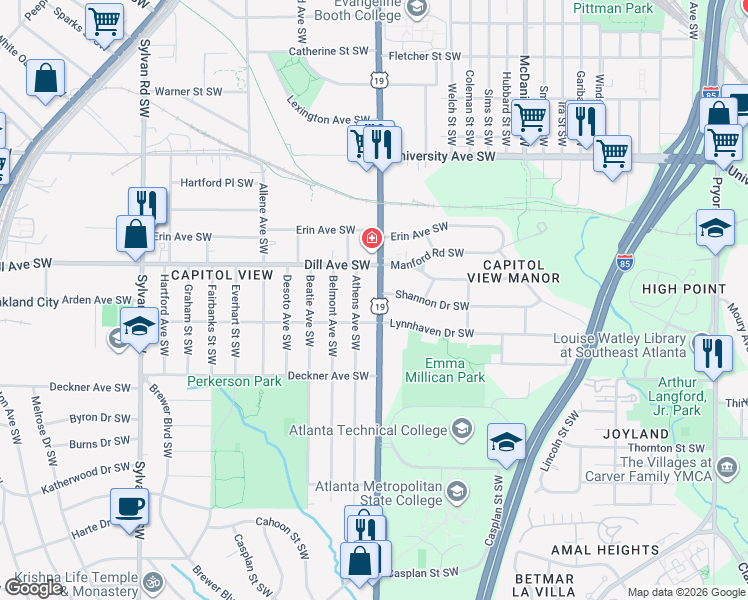 map of restaurants, bars, coffee shops, grocery stores, and more near 1385 Metropolitan Parkway Southwest in Atlanta