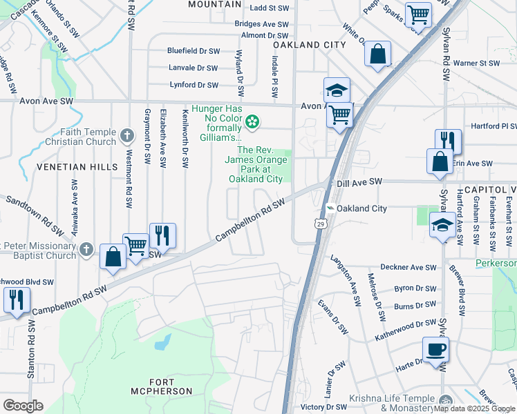 map of restaurants, bars, coffee shops, grocery stores, and more near 1250 Campbellton Road Southwest in Atlanta