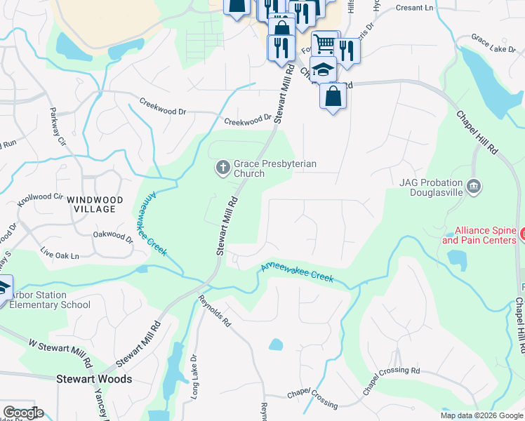 map of restaurants, bars, coffee shops, grocery stores, and more near 6210 Millstone Tr in Douglasville