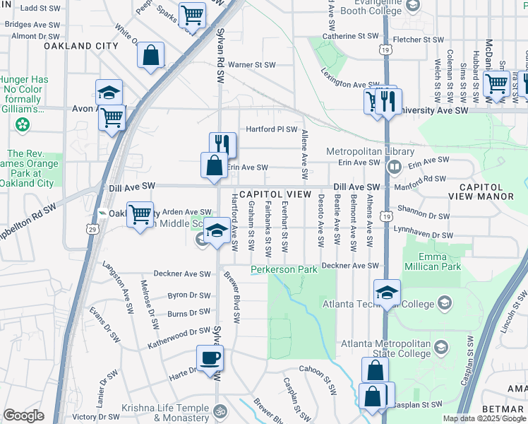 map of restaurants, bars, coffee shops, grocery stores, and more near 1385 Fairbanks Street Southwest in Atlanta