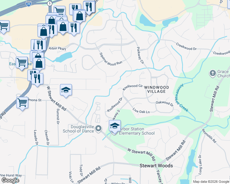 map of restaurants, bars, coffee shops, grocery stores, and more near 6807 Brookwood Court in Douglasville