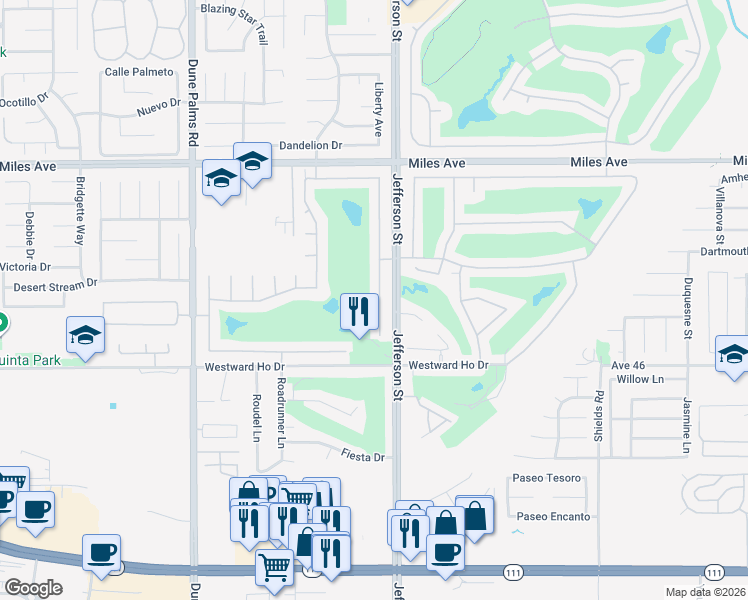 map of restaurants, bars, coffee shops, grocery stores, and more near 45673 Big Canyon Street in Indio