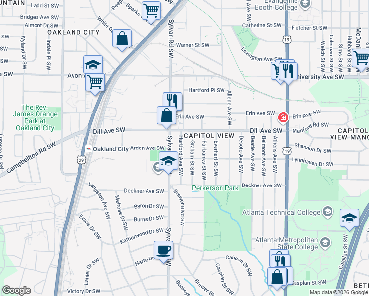 map of restaurants, bars, coffee shops, grocery stores, and more near 1386 Hartford Ave SW in Atlanta