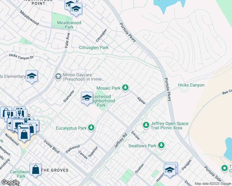 map of restaurants, bars, coffee shops, grocery stores, and more near 122 Espina in Irvine