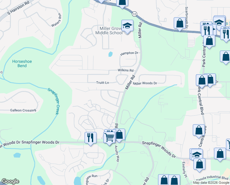 map of restaurants, bars, coffee shops, grocery stores, and more near 4977 Windsor Downs Drive in Decatur