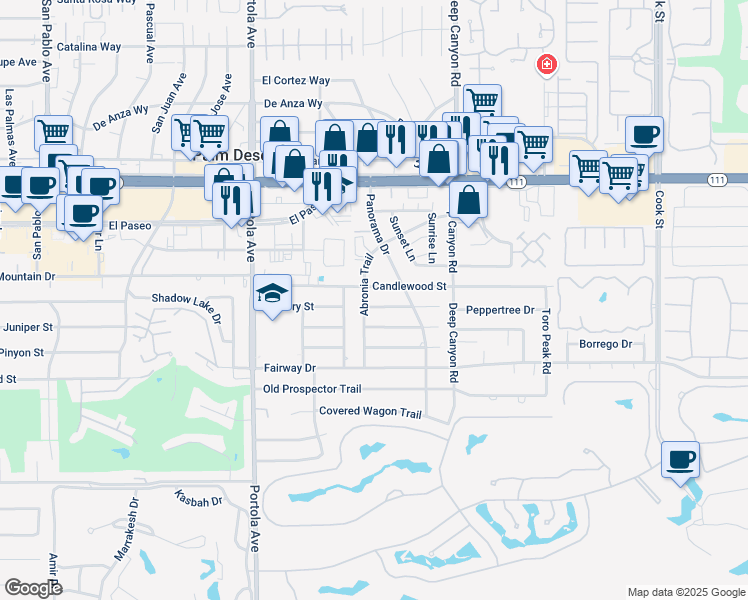 map of restaurants, bars, coffee shops, grocery stores, and more near 74300 Chicory Street in Palm Desert